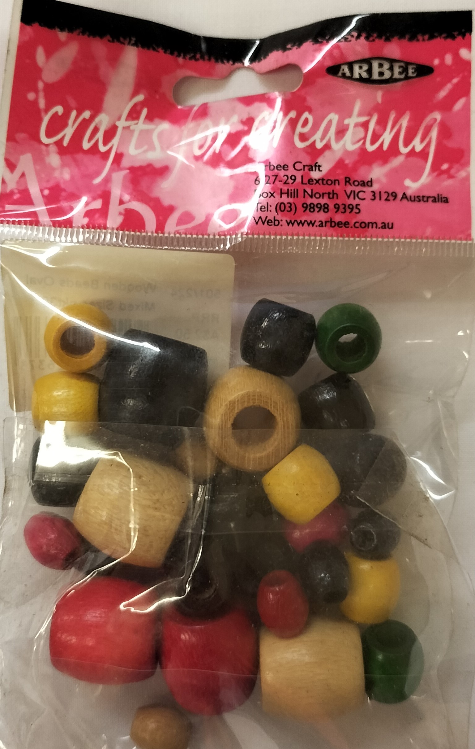 Wood Bead Asst. Sizes and Colours Pk 50